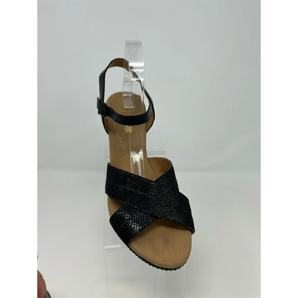 Clarks Womens Cork Wedge Sandals Black Crisscross Strappy Ankle Buckle Size 11